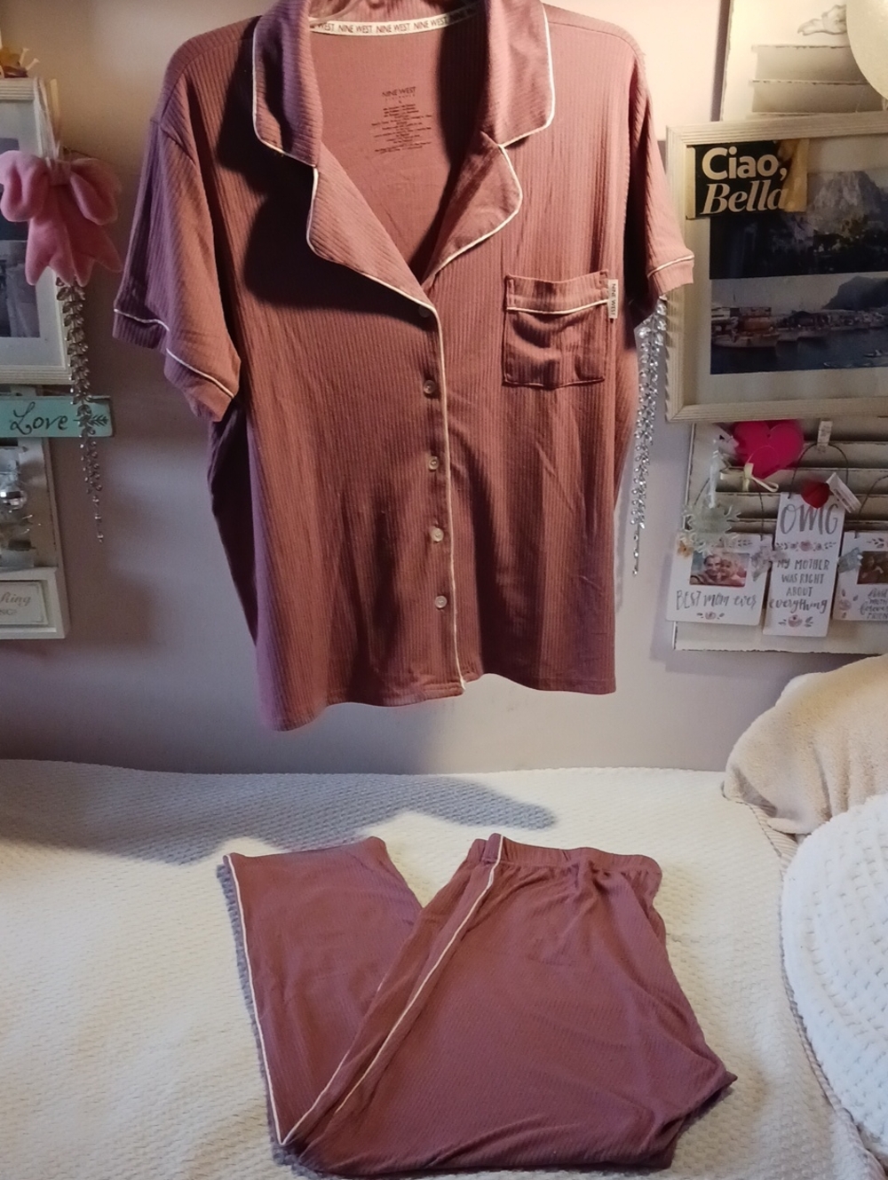 Nine West Mauve Ribbed Button-Front Pajama Set with White Piping XL🩷